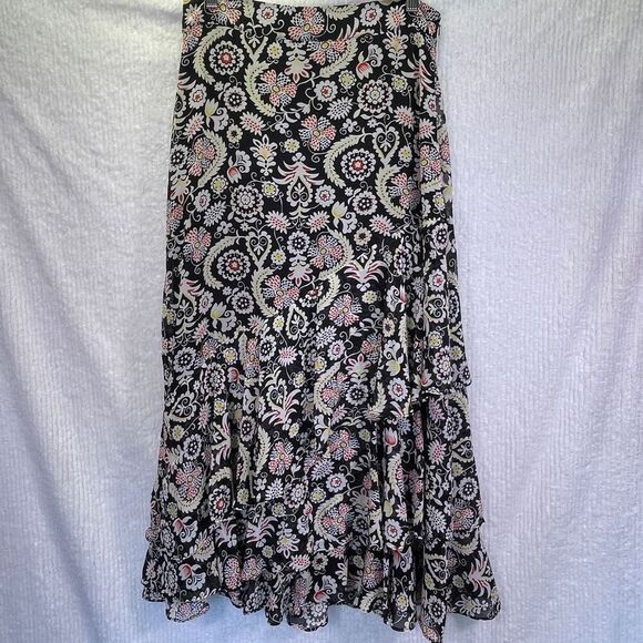 Boden Black Multicolored Floral Printed Tiered Satin Ruffle Maxi Skirt Size 8 - Picture 1 of 8